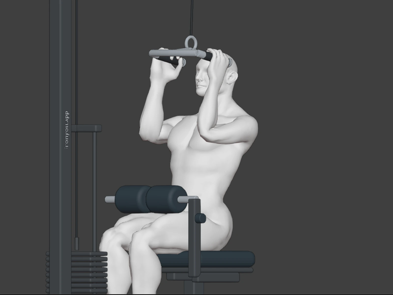Neutral Grip Lat Pulldown in 3D — Inspect the parallel hand position and how the elbows travel under the handles from front and side views.