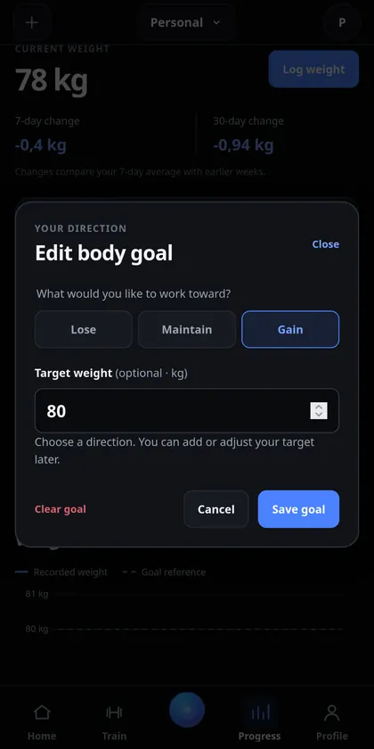 IronYou Edit body goal dialog with Lose, Maintain and Gain choices and target weight