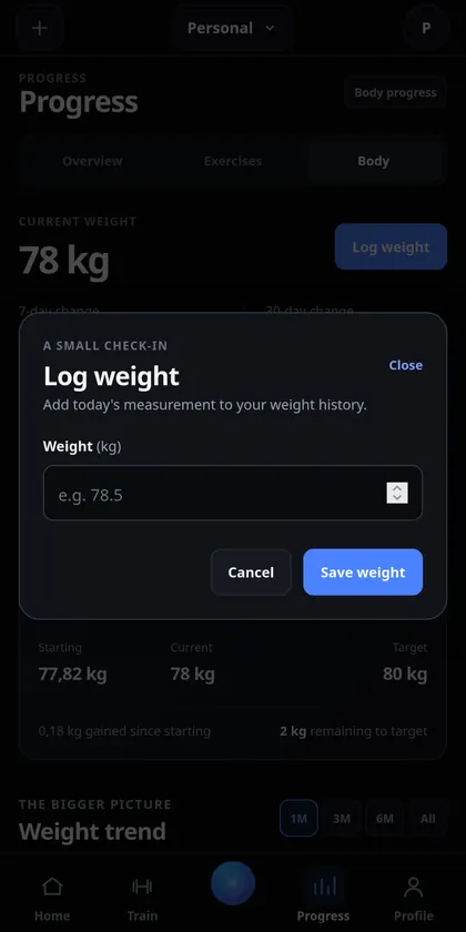 IronYou Log weight dialog over the redesigned Body Progress screen