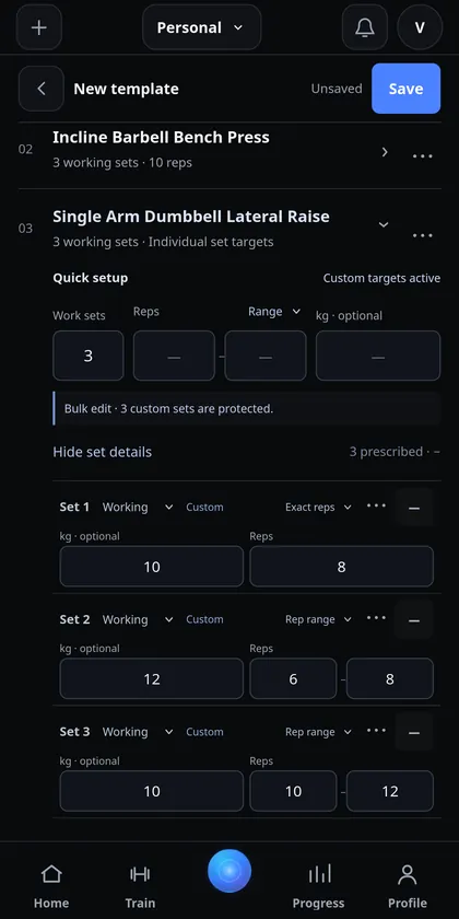 IronYou template editor with individual weight and repetition targets for three dumbbell lateral raise sets