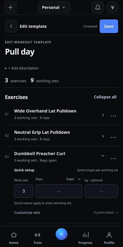 IronYou Pull day template editor showing two lat pulldown variations and a dumbbell preacher curl