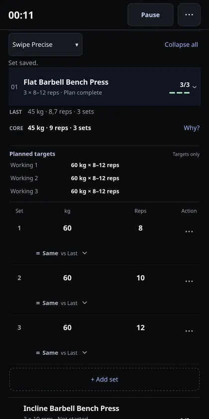 IronYou Bench Press logger showing recorded set details and previous performance