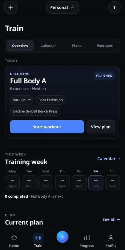 IronYou Train overview with a planned Full Body A session and the training week