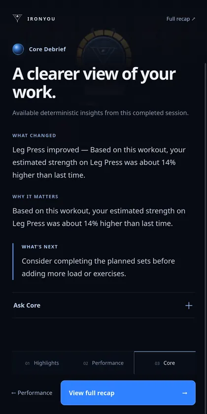 IronYou Core Debrief showing what changed, why it matters and what comes next after a workout