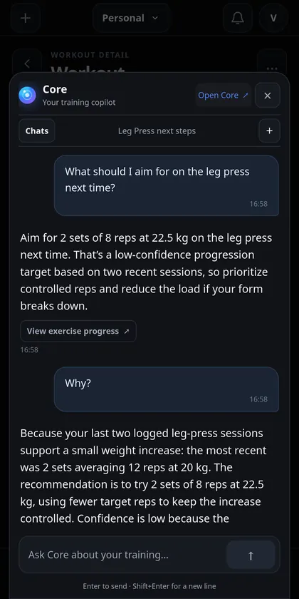 IronYou Core conversation about a Leg Press next-set decision alongside its explanation