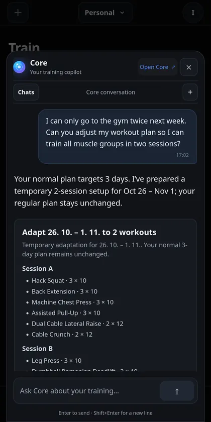 IronYou Core conversation about changing next week to two gym sessions
