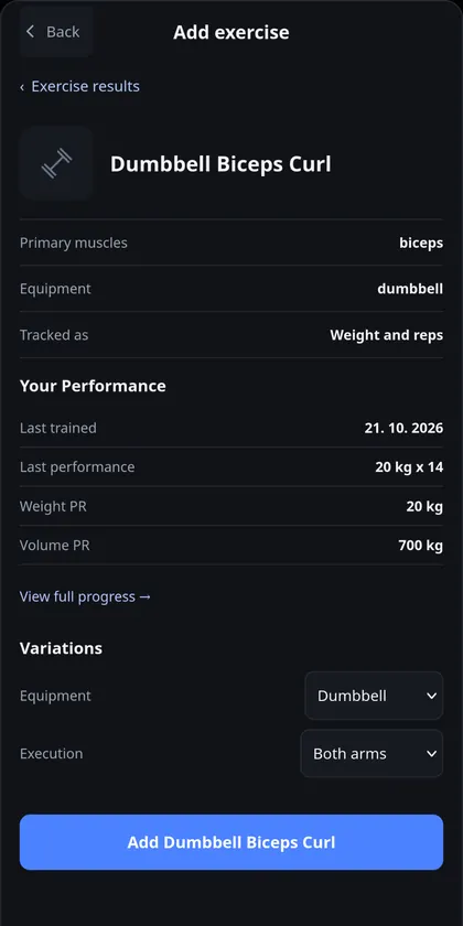 IronYou exercise picker with exercise choices and equipment information