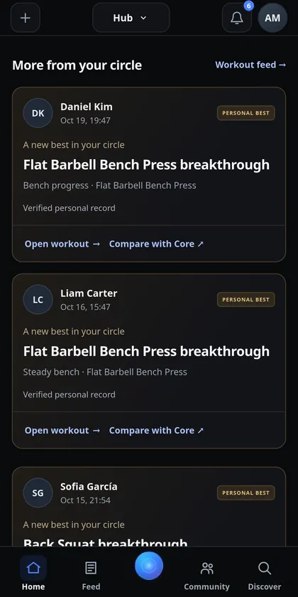 IronYou Hub personal-best activity cards with workout links