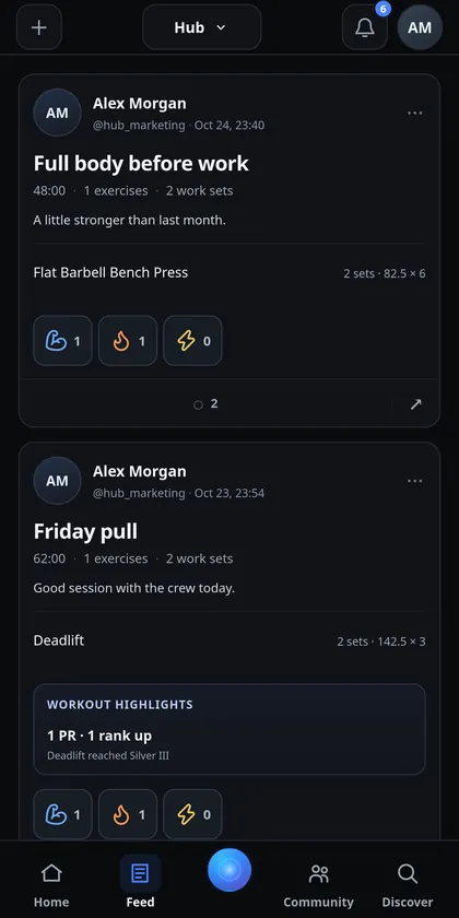 IronYou Hub feed with shared workouts, recorded exercises and social interactions