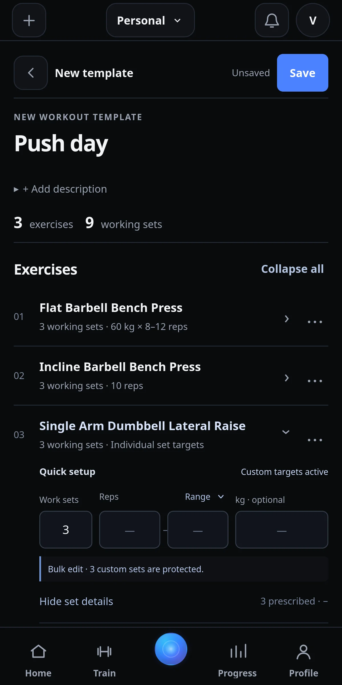 IronYou Create Push day template editor with selected exercises and working-set targets