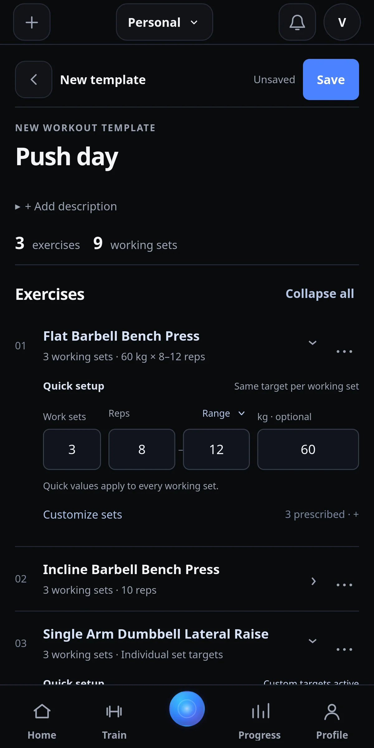 IronYou Bench Press template editor with planned working sets, repetitions and weight targets