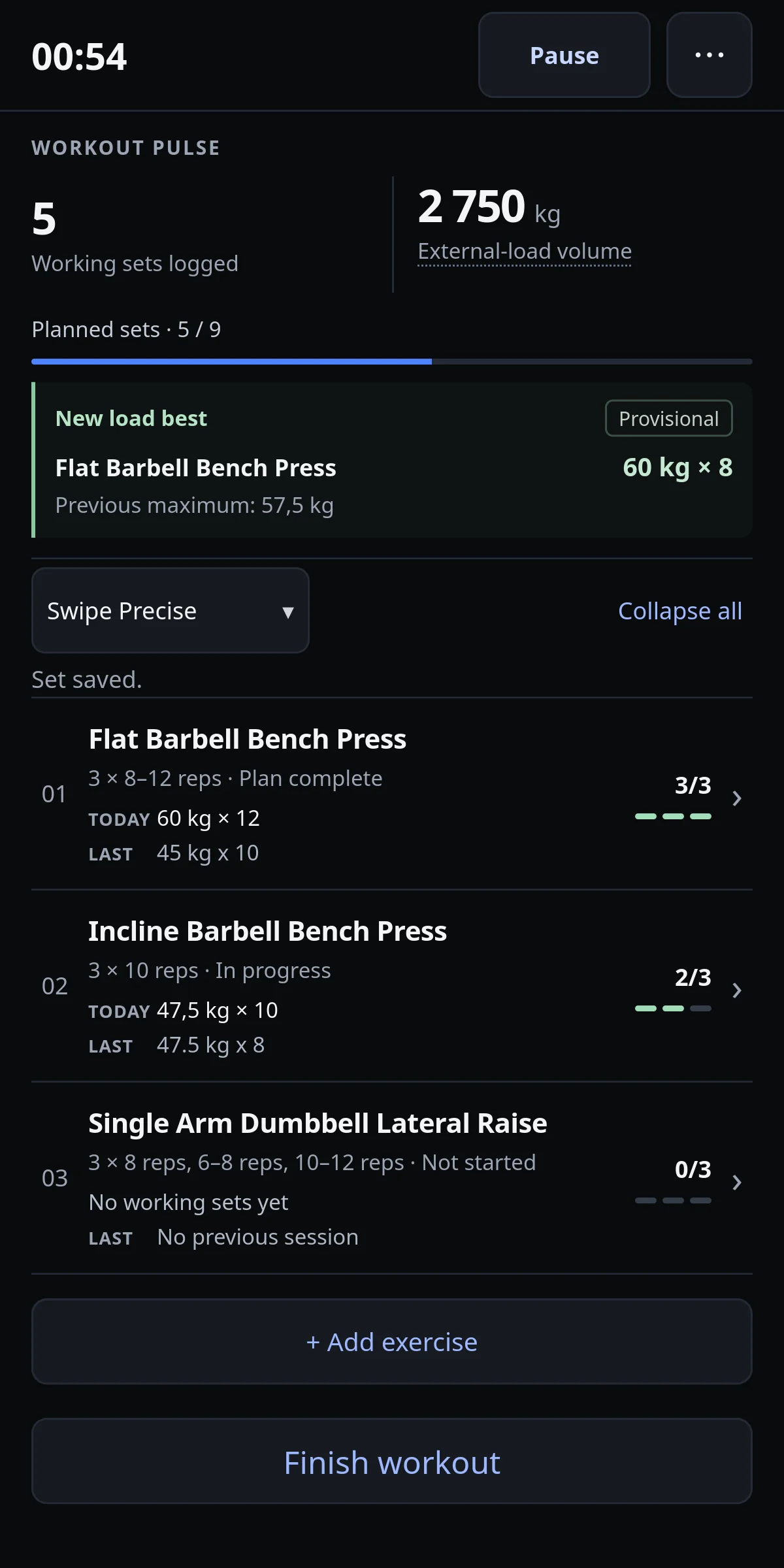 IronYou active Push day workout showing completed sets, recorded load and remaining exercises