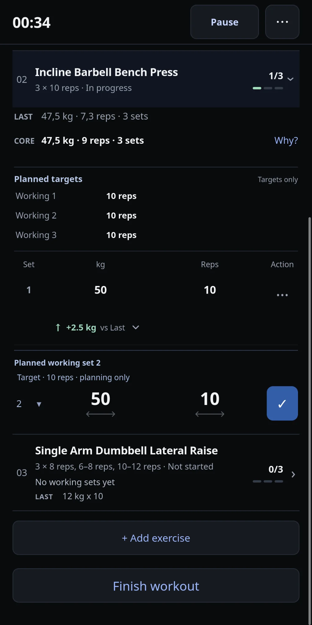 IronYou Incline Barbell Bench Press logger with planned targets and a recorded set marked +2.5 kg versus last time