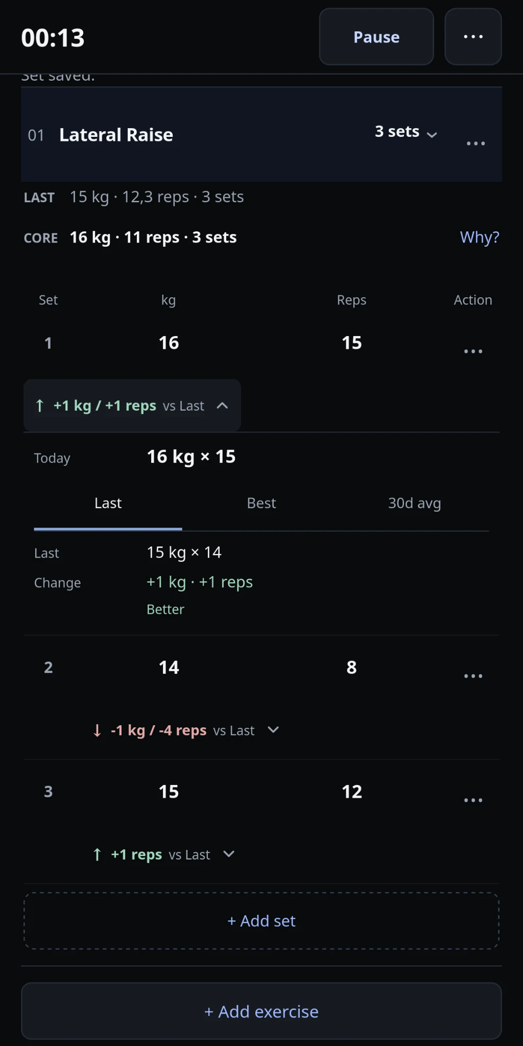 IronYou Lateral Raise logger with three sets, Better and Worse feedback against the previous workout, and expanded first-set details