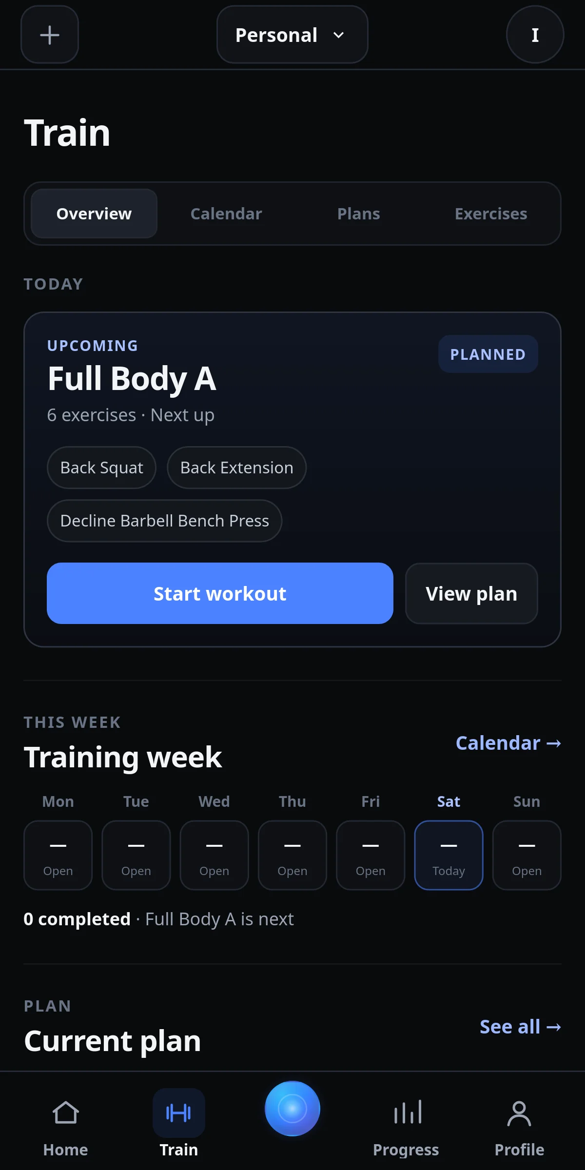 IronYou Train overview with a planned Full Body A session and the training week