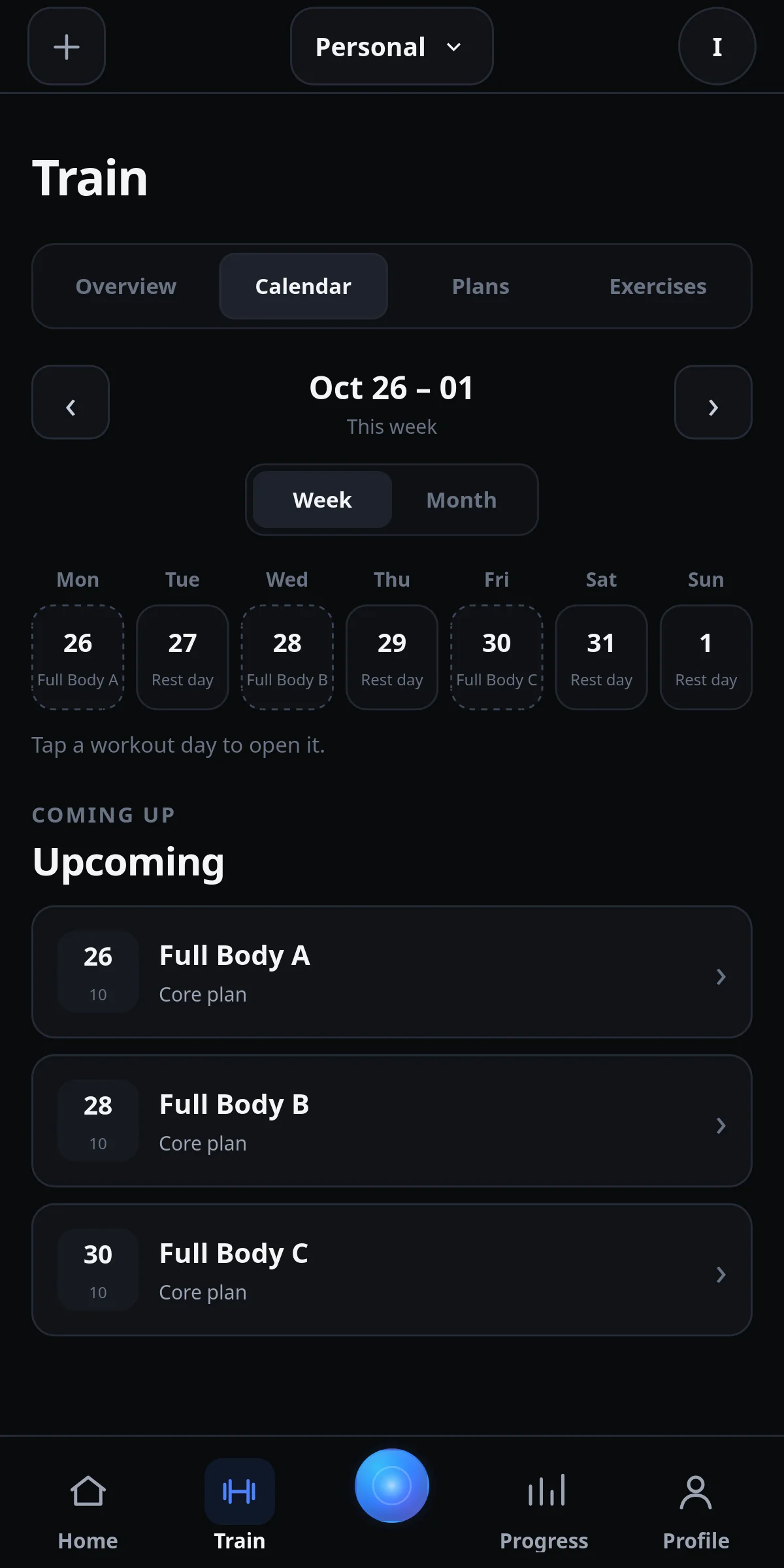 IronYou weekly calendar showing planned Full Body A, B and C sessions