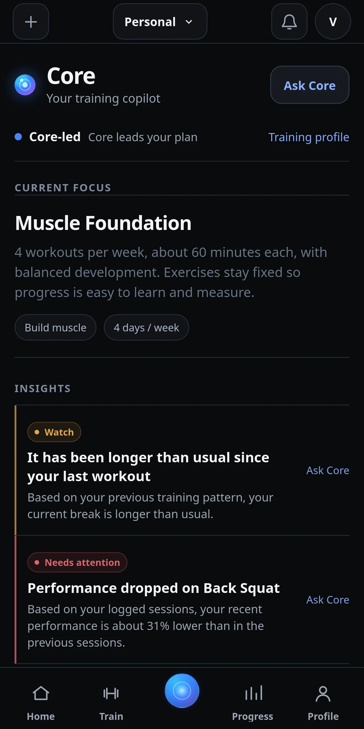 IronYou Core dashboard showing a current training focus and insights based on logged workouts