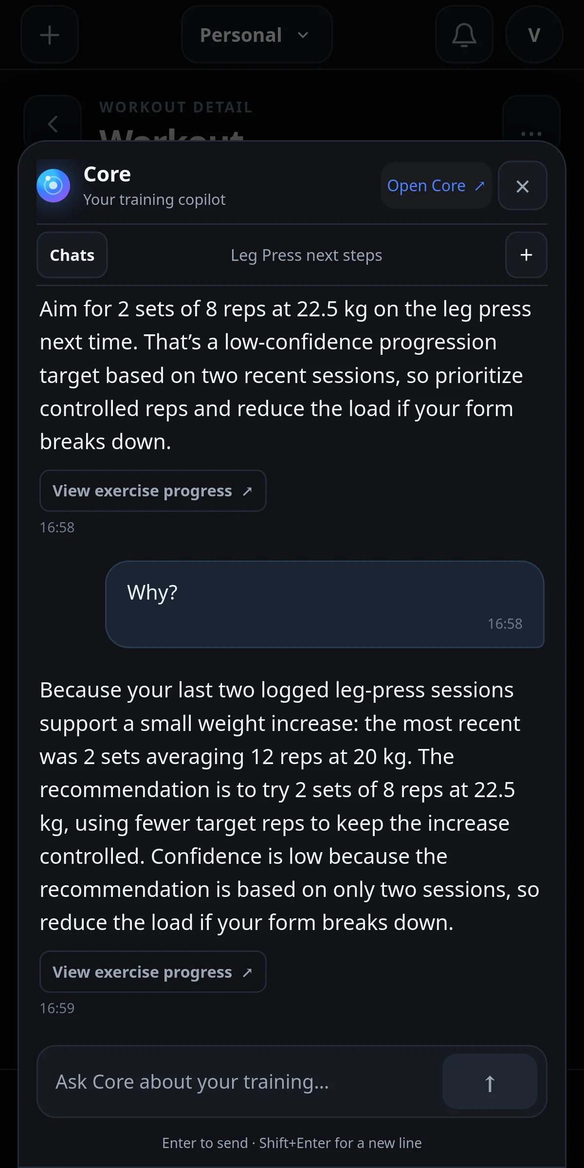 IronYou Core explains a leg press next-set recommendation using two recent recorded sessions and notes low confidence