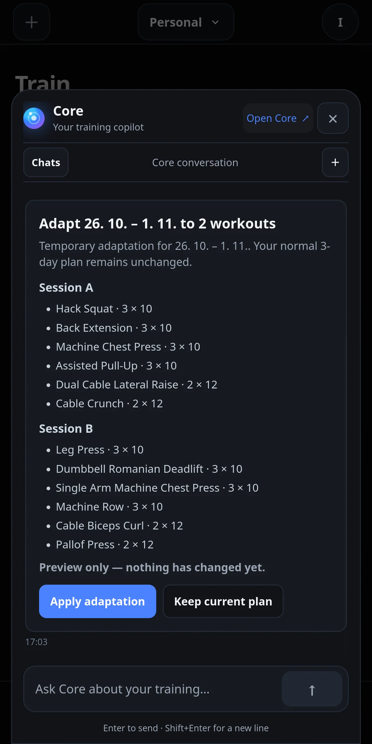 IronYou Core two-workout week adaptation preview with Apply adaptation and Keep current plan controls