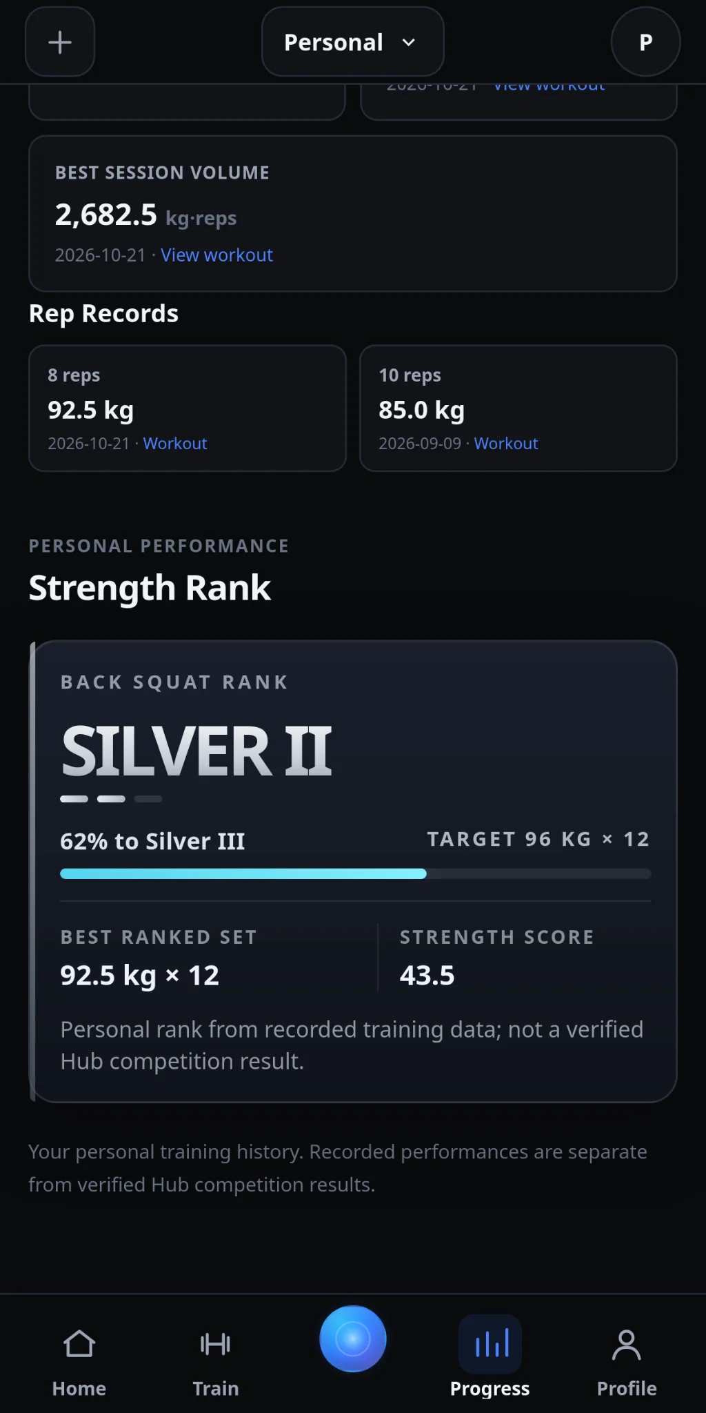 IronYou Back Squat exercise screen showing Silver II Strength Rank and progress toward Silver III
