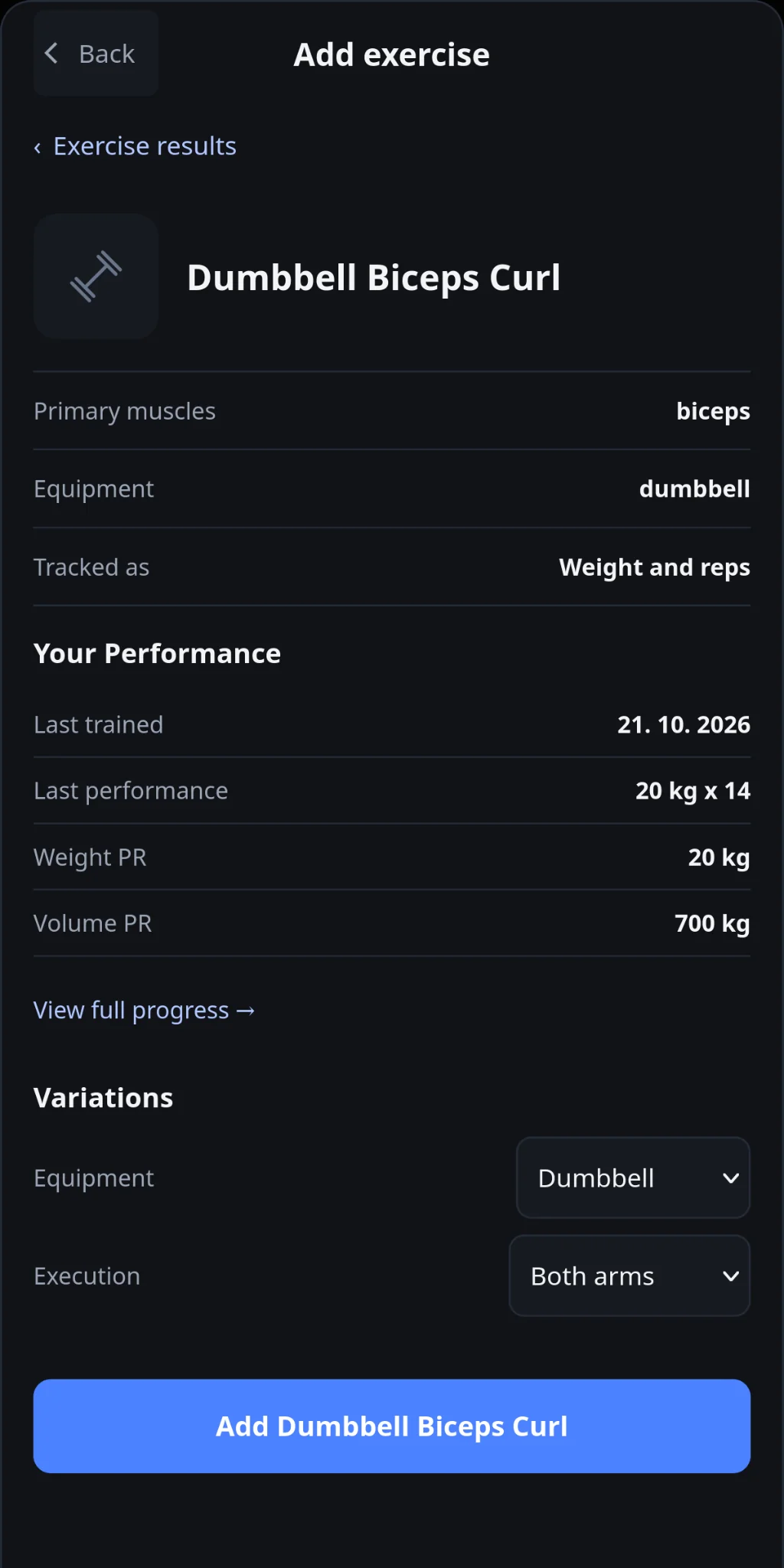 IronYou Dumbbell Biceps Curl detail with equipment and execution variation controls