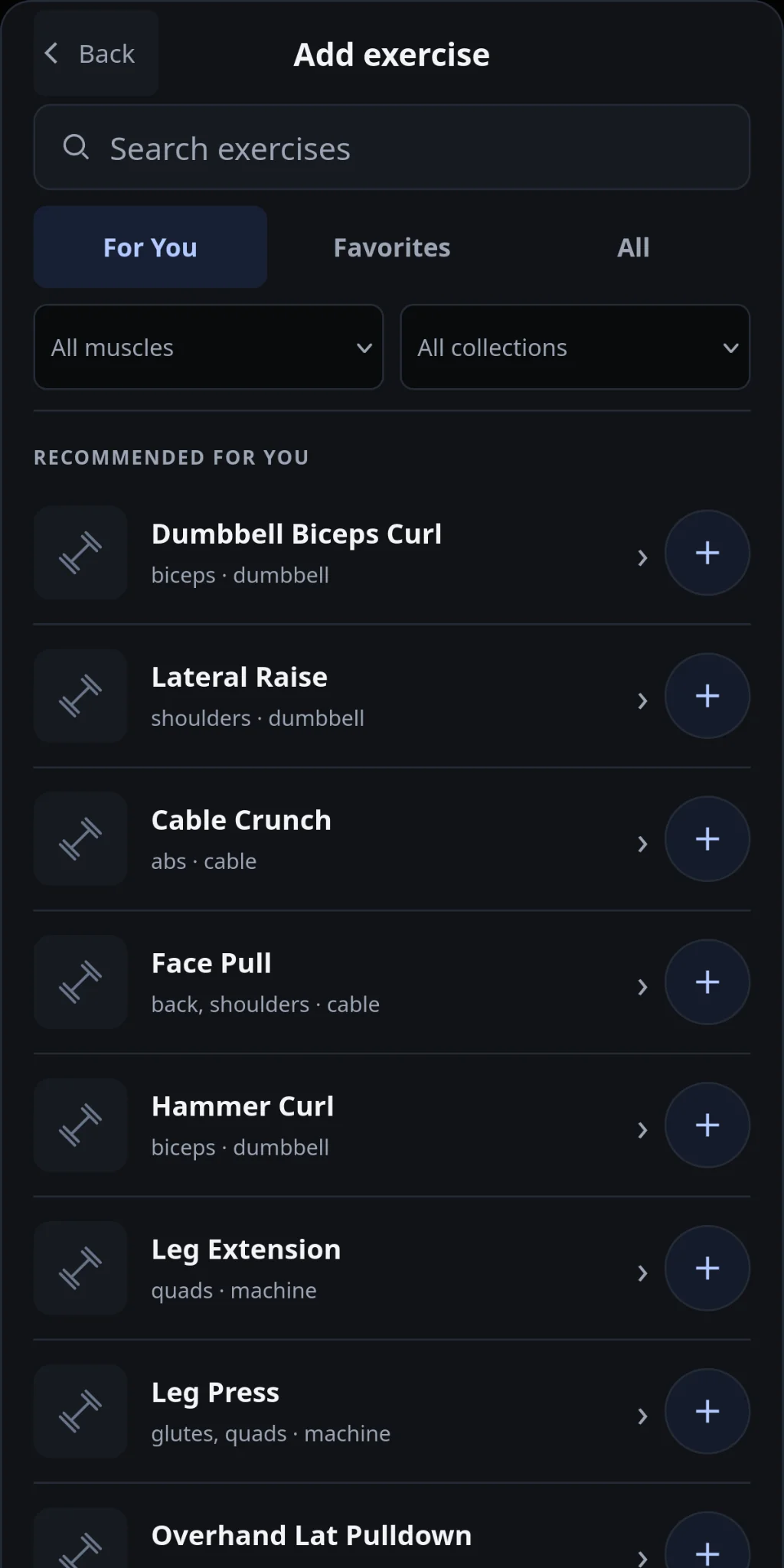 IronYou exercise library showing exercise-specific Strength Rank badges