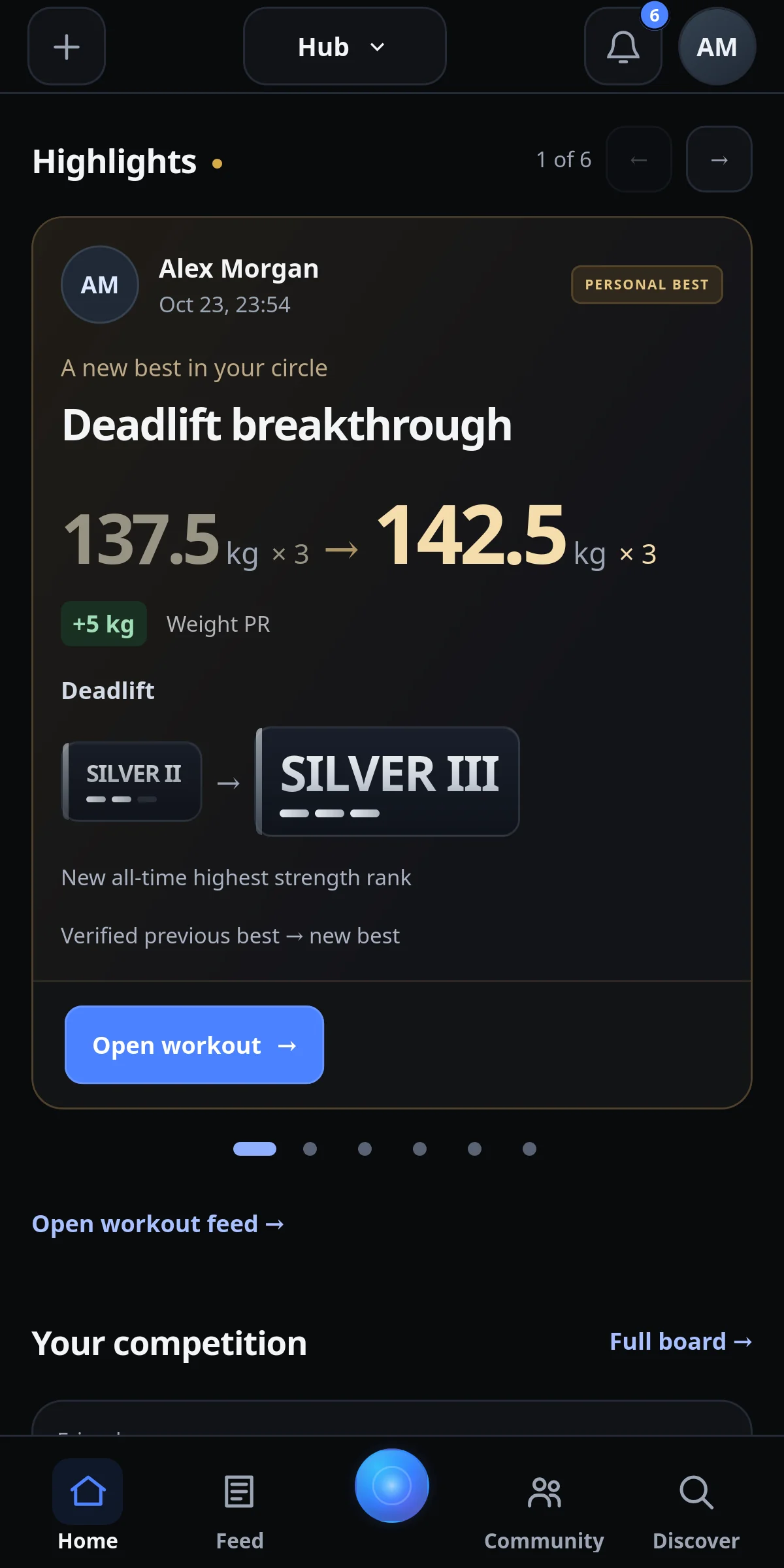 IronYou Hub Deadlift personal-record highlight and supported rank transition