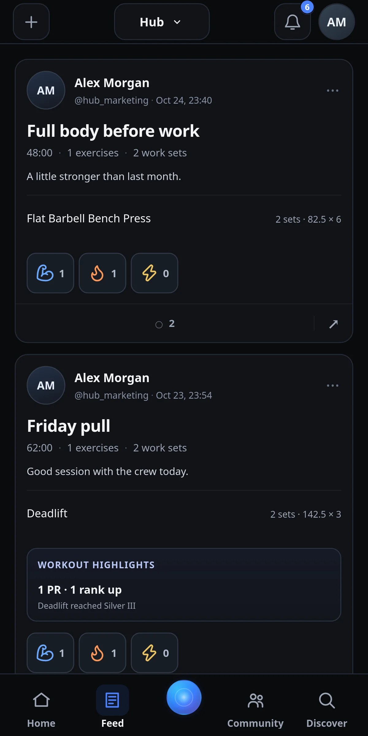 IronYou Hub friends feed with shared workout summaries and supported achievement highlights