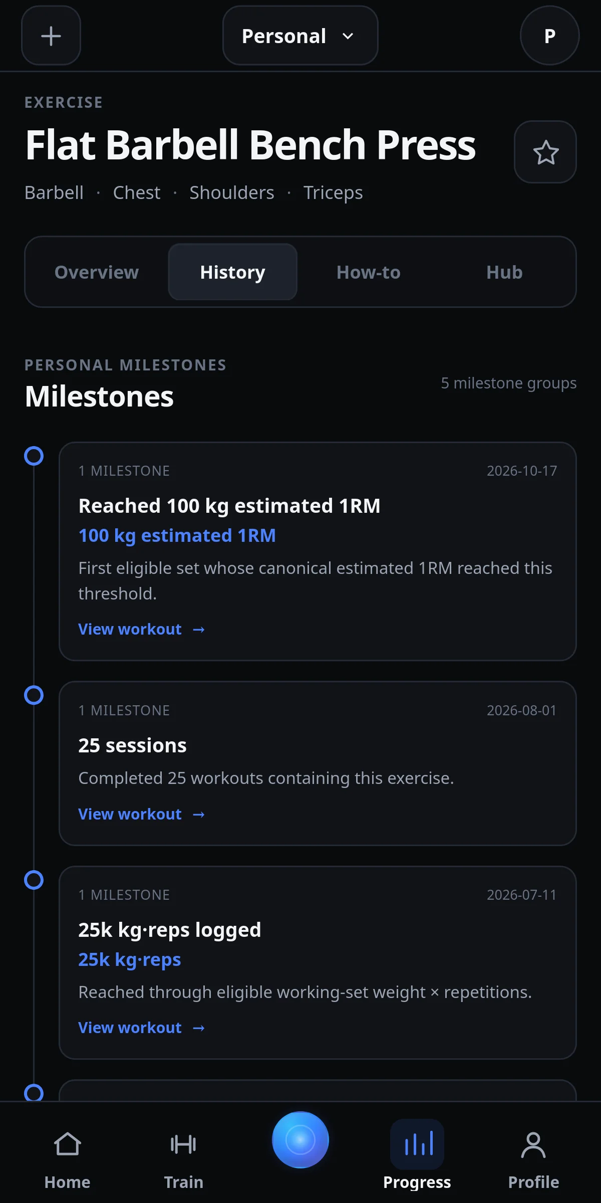 Bench Press timeline showing recorded exercise milestones and achievements