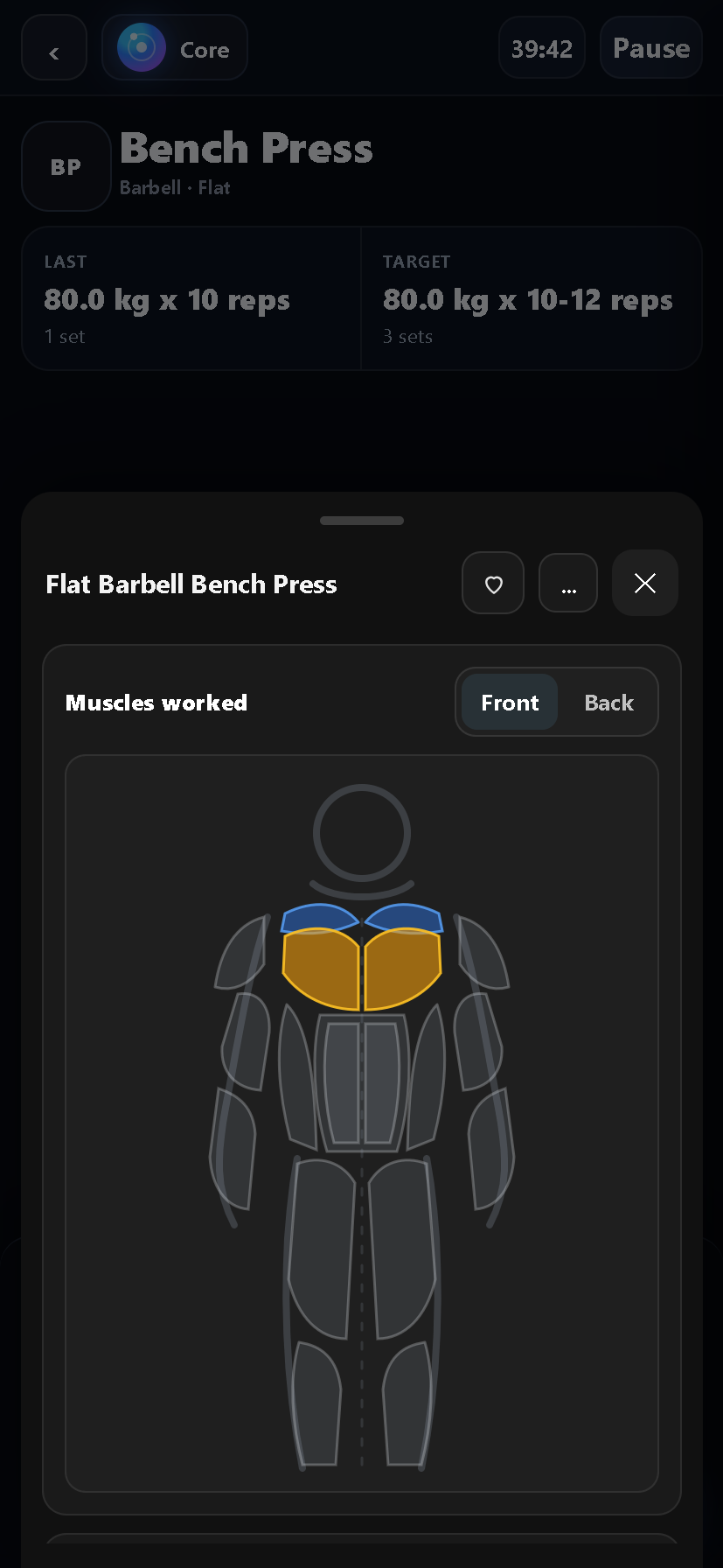 Flat Barbell Bench Press muscles worked view with front and back tabs
