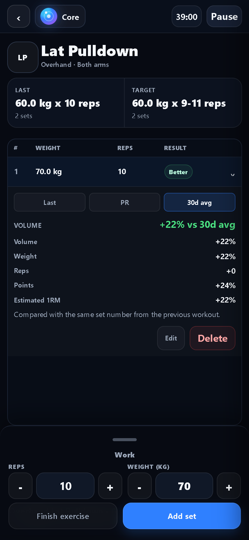 Lat Pulldown expanded set comparison showing Last, PR, 30 day average and percentage metrics