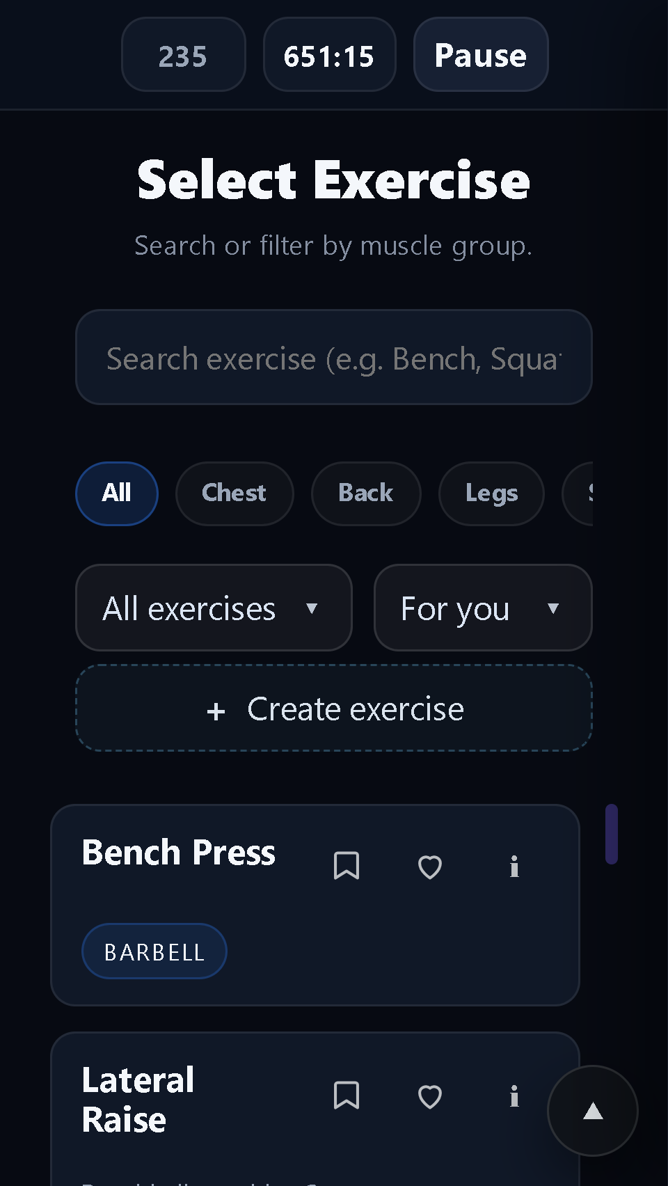 Select Exercise screen with All and For you filters and a Create exercise button in IronYou