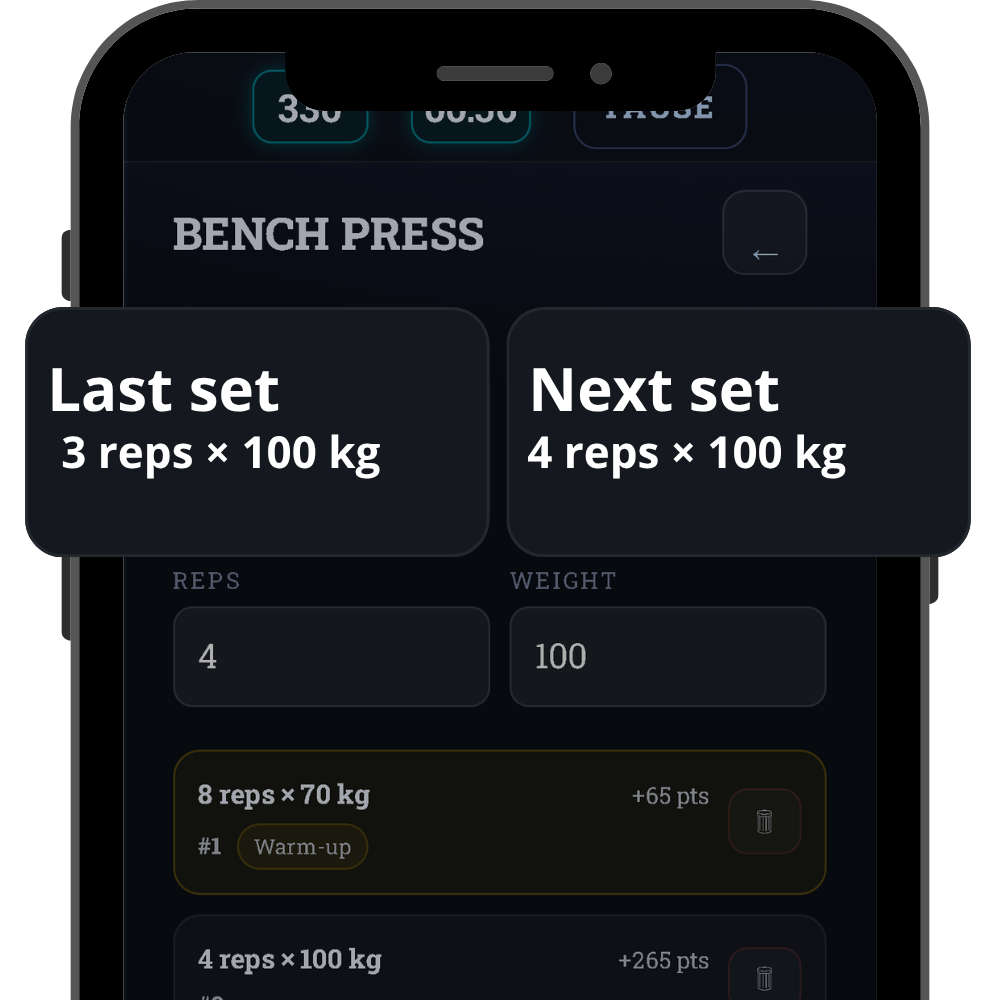 IronYou workout screen showing last workout context